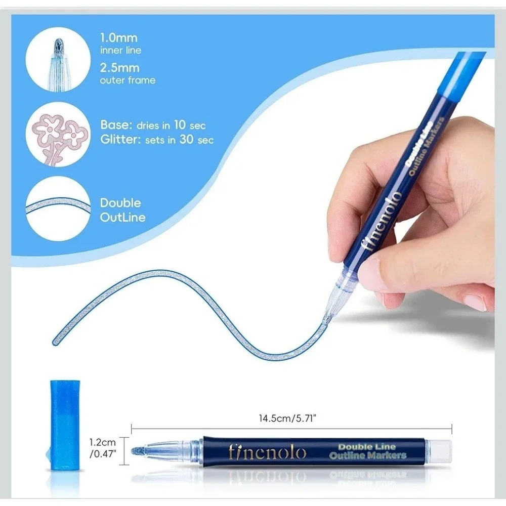 Finenolo 36 Colors Double Line Outline Markers Shimmer Metallic Silver Pens Set